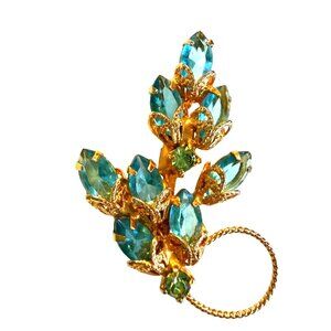 Vintage MCM Blue Rhinestone Leaf Brooch Gold Tone